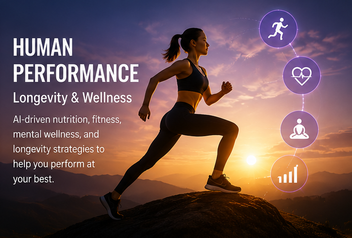 AI-powered human performance optimization through longevity science, nutrition, fitness, preventive healthcare, mental wellness, and wellness technology.