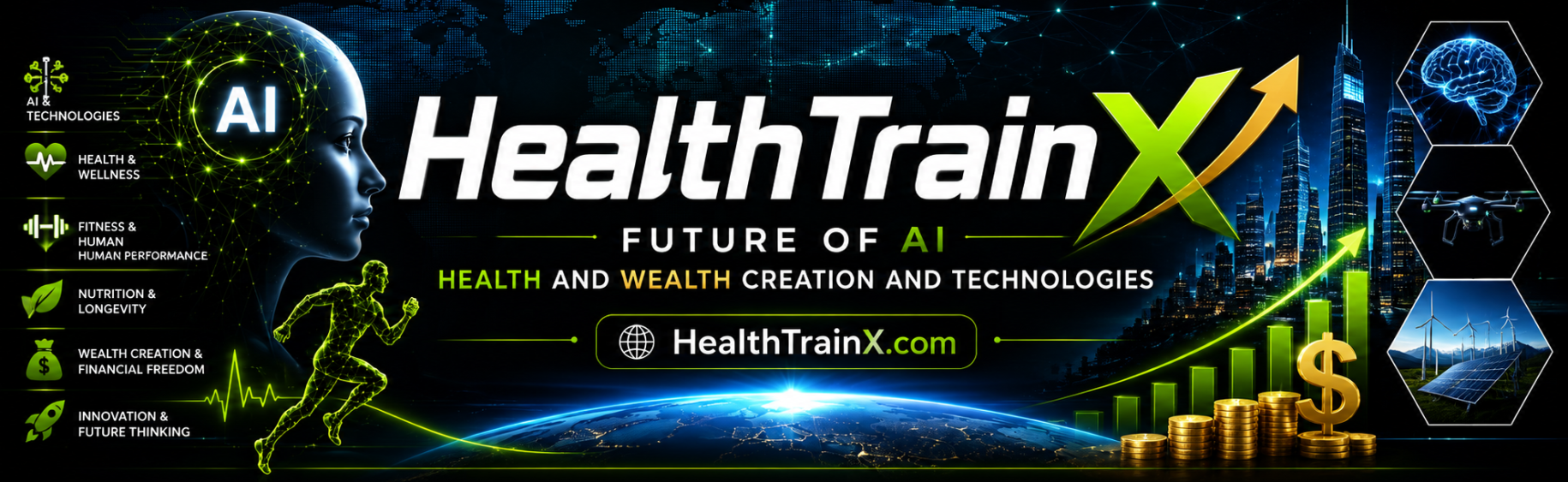 HealthTrainX logo representing Artificial Intelligence, AI Healthcare, Digital Health, Longevity, Human Performance, Wellness Technology, Precision Agriculture, Sustainable Farming, and AI-driven health and agricultural solutions.